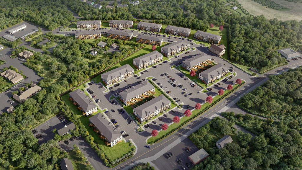 3D site plan rendering of a garden apartment complex with parking courts, access road and landscaping, aerial view
