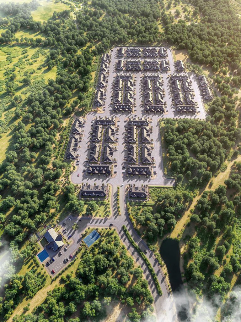 3D site plan rendering of a townhouse community with clubhouse, pool and tennis court, surrounded by woodland and a pond