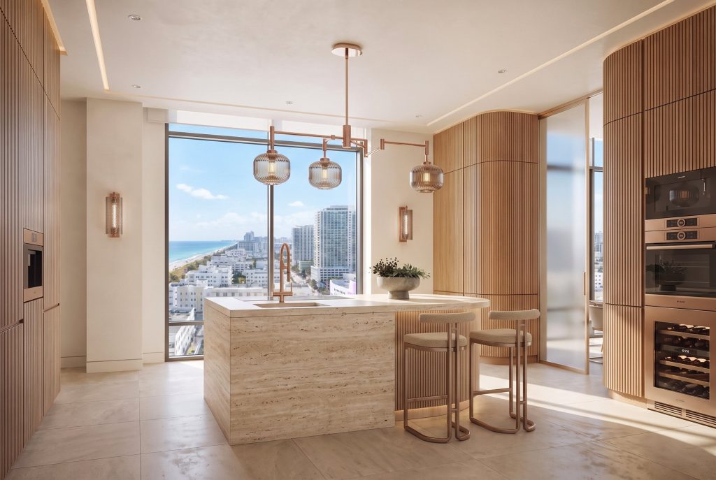 Baymont, Miami Beach — 3D interior rendering of a residence kitchen