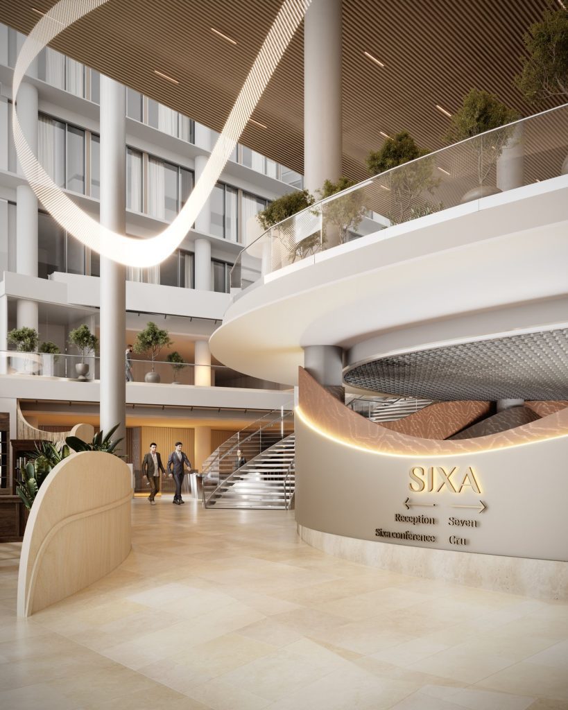 Commercial 3D rendering of a hotel lobby with a curved reception desk and sculptural ceiling light