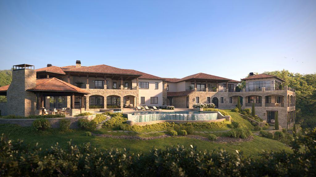 3D exterior rendering of a hillside estate with pool terrace on Elderoak Rd, Lake Sherwood, by Van Parys Architecture + Design