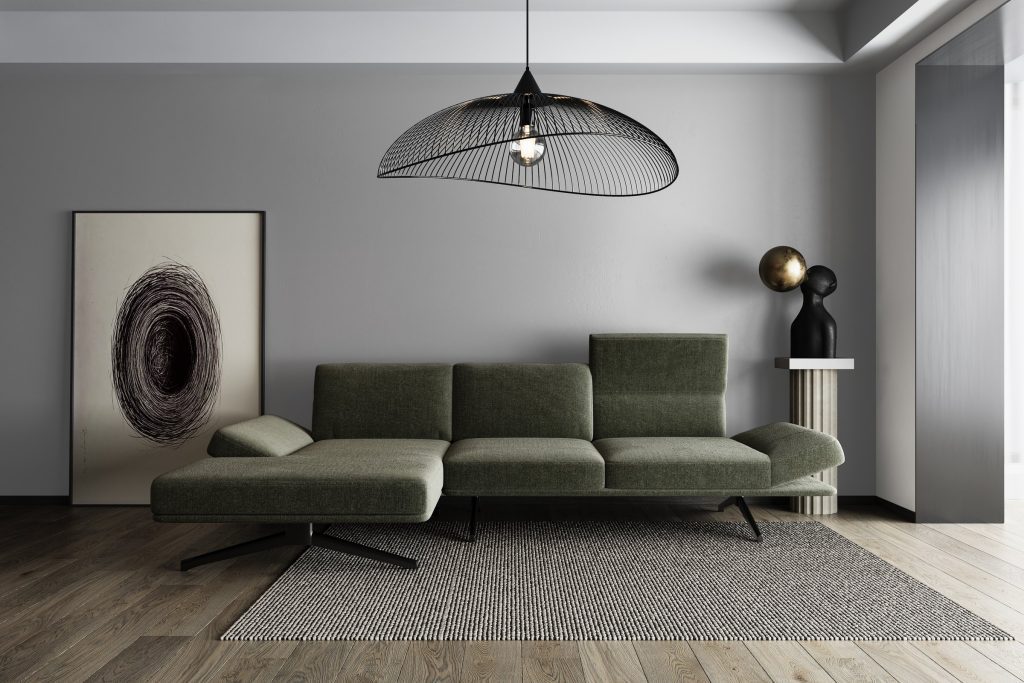 Finero sofa in a living-room set, 3D rendering for Möbel Portmann