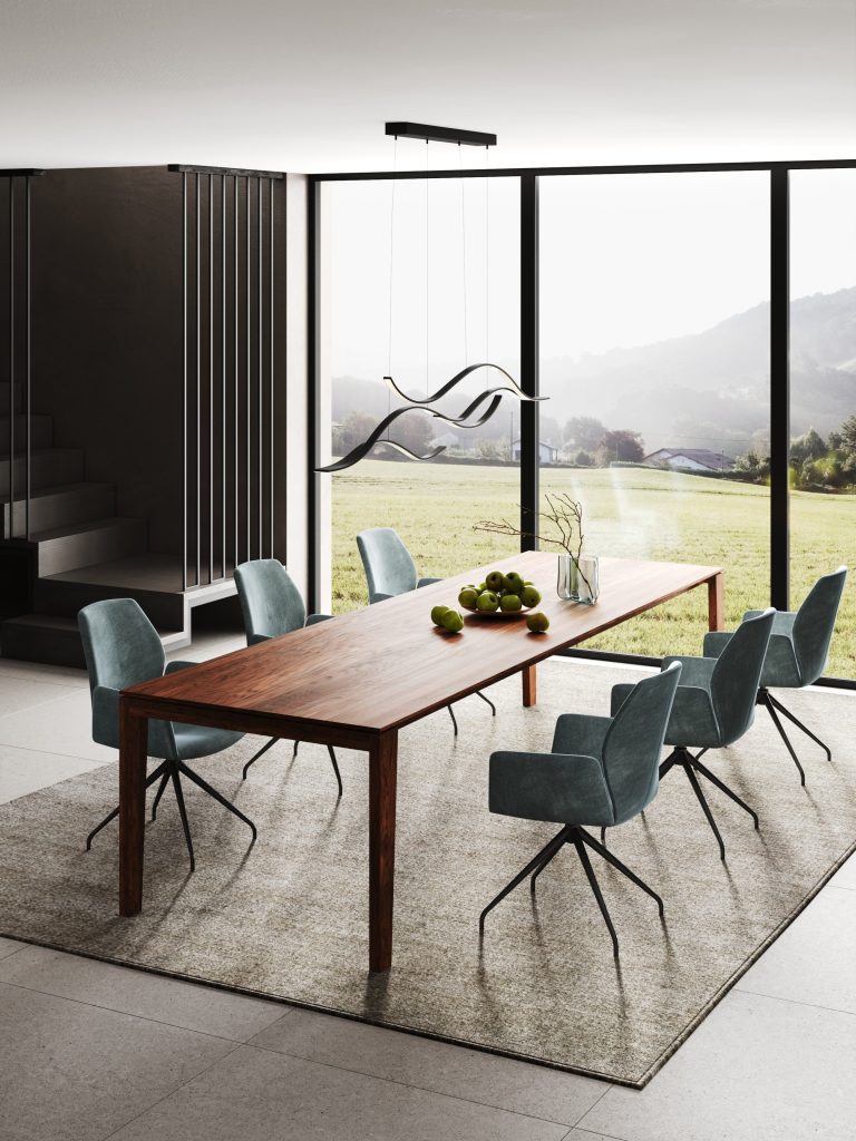 Padua and Maruba sofas in an evening interior, 3D rendering for Möbel Portmann