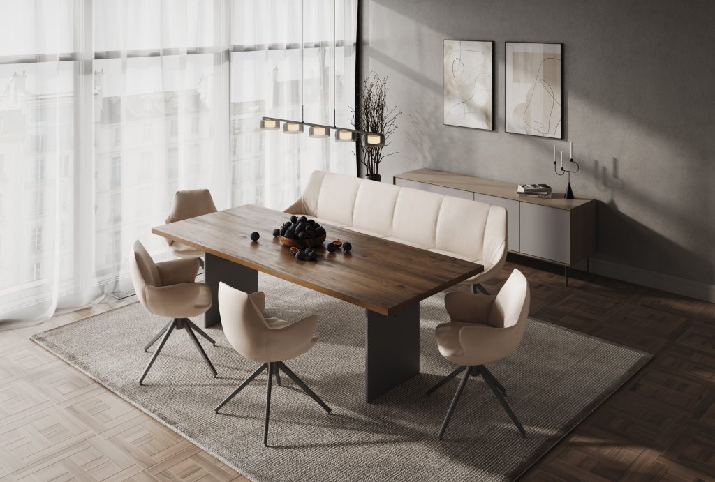 TERNI dining table with chairs in a daylight interior, 3D furniture rendering for Möbel Portmann
