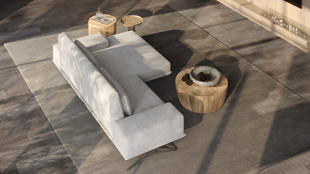 Wesley sofa by Koinor in a styled living room, 3D furniture rendering for Möbel Portmann