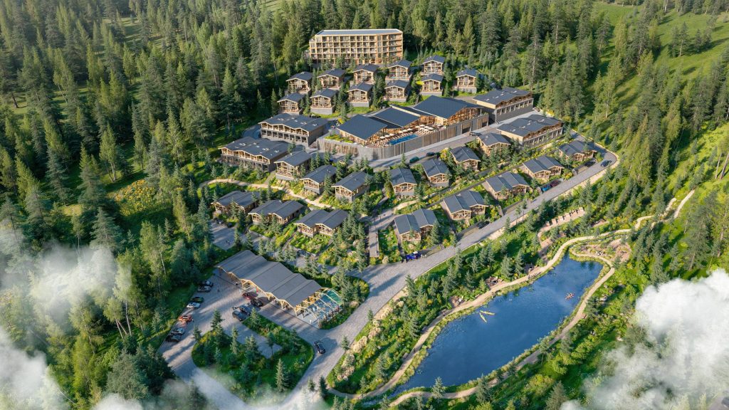 Site plan rendering of a hillside resort: hotel block, chalets on terraced lots, spa building and a lake, seen from above