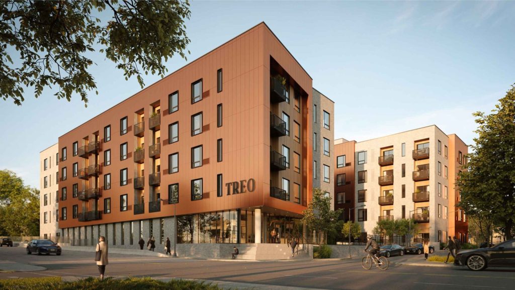 TREO, Cleveland: corner facade of a multifamily building at sunset, rendering for Mavrek Development
