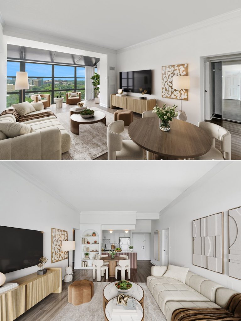 Virtual staging of a living room in two views, with sofa, dining table and city view