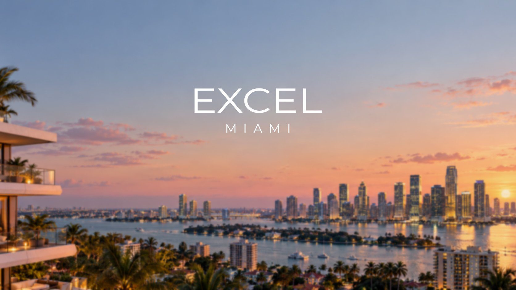 Excel Miami wordmark over the Miami skyline at sunset