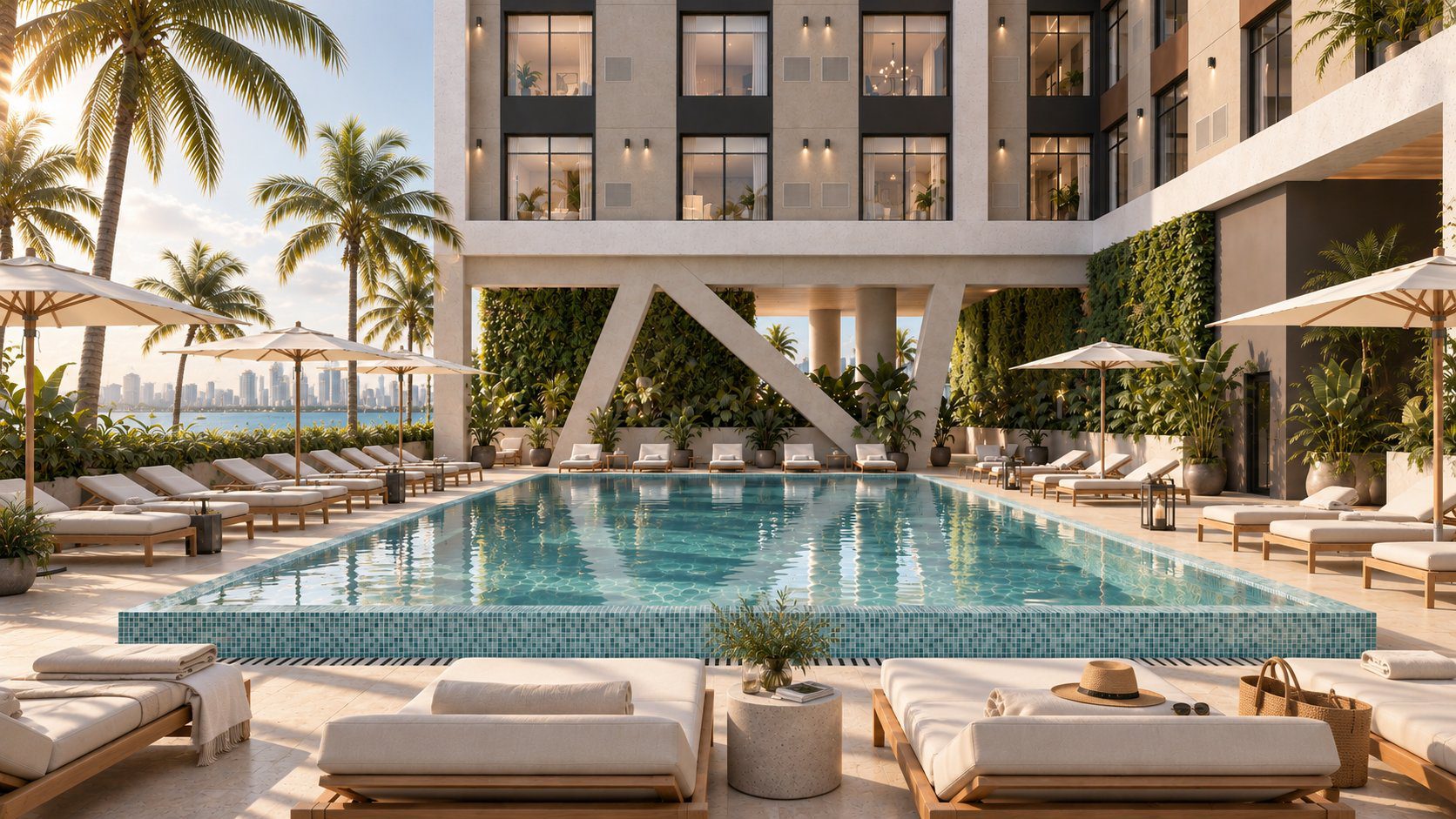 Excel Miami pool deck with the Miami skyline, 3D rendering