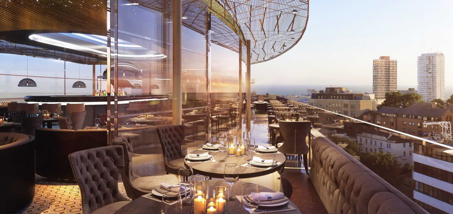 terrace rendering of the restaurant in the dusk light