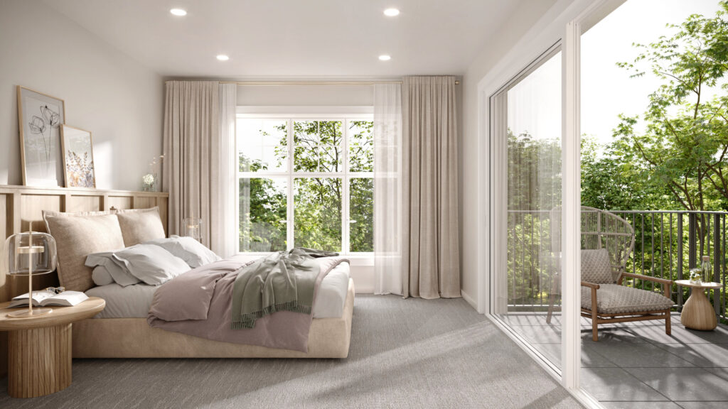 interior visualization of bedroom and balcony with natural light
