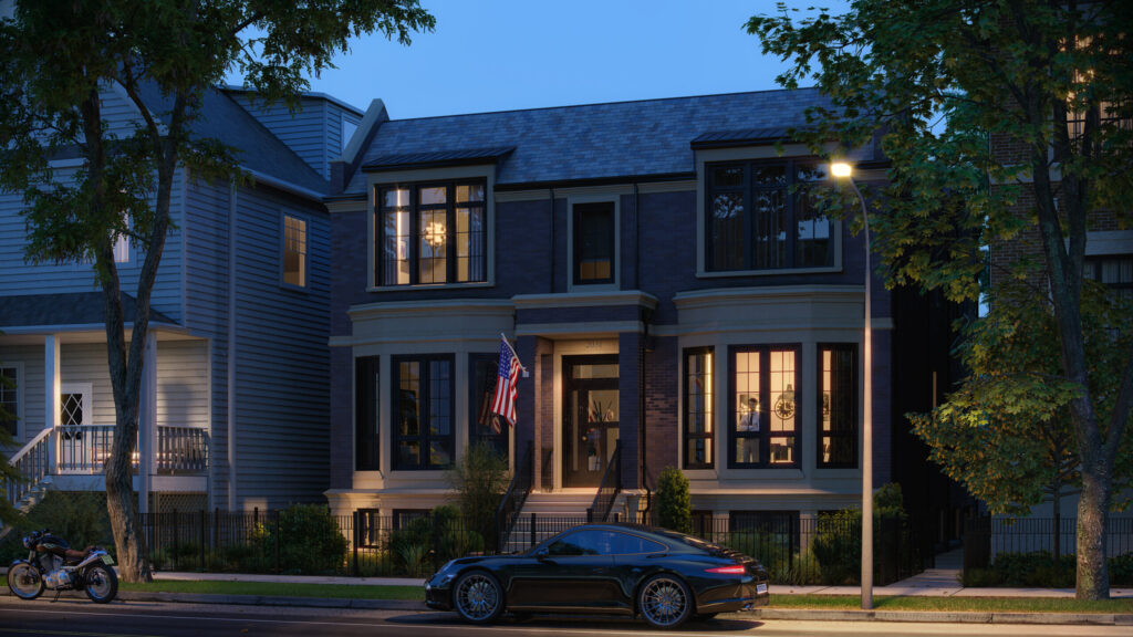 Chicago building in twilight with street lights