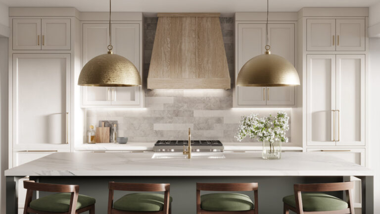 Render of white kitchen with golden details