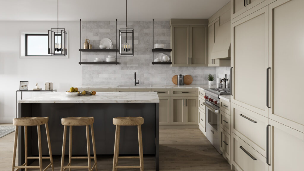 Beige kitchen in modern style with wood and marmor details