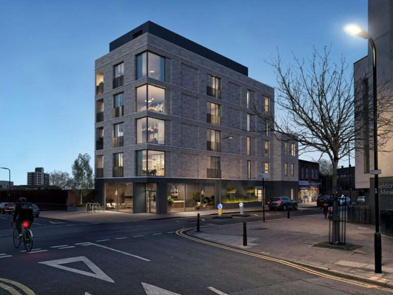 architectural exterior rendering in twilight