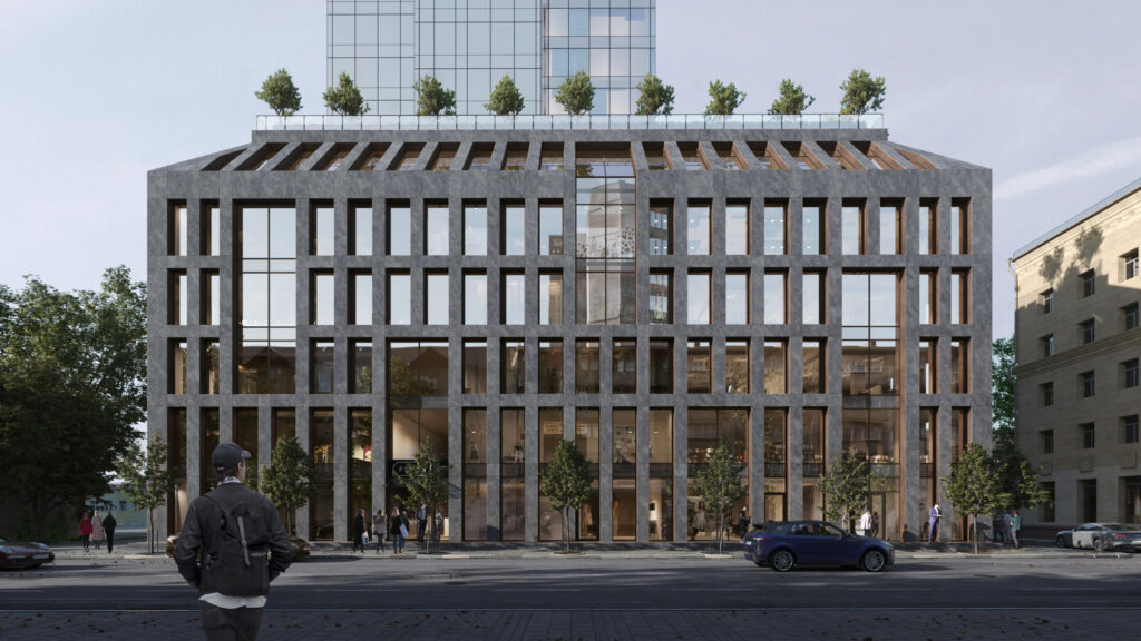 Hight stored office center in the city with people and cars