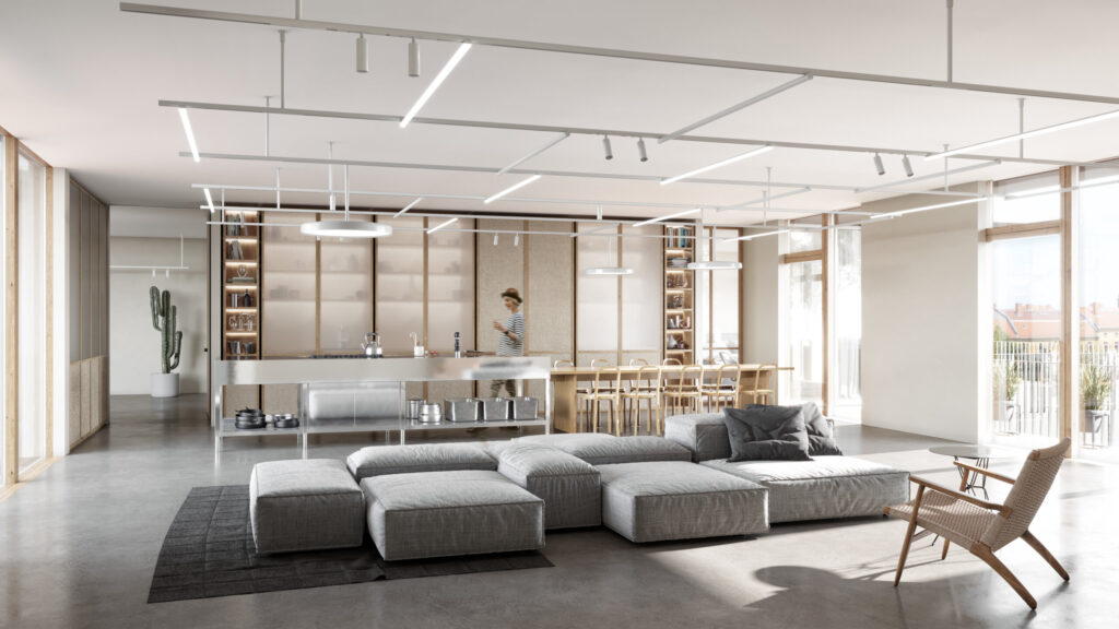 Light space with grey couch in daylight