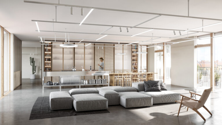 Light space with grey couch in daylight