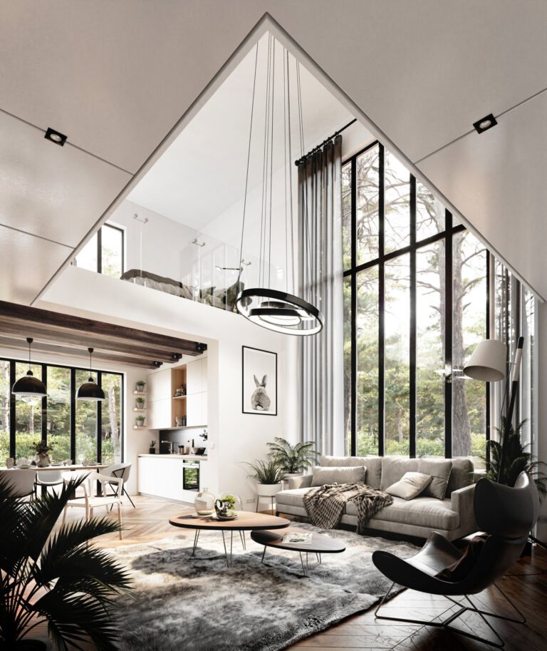 Modern style living room with high glass wall, with grey sofa and chair and with a view to the forest