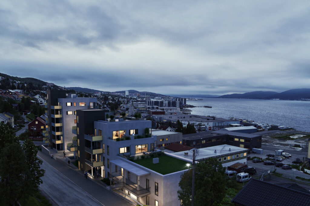 Aerial view render of Norway town in semidarkness