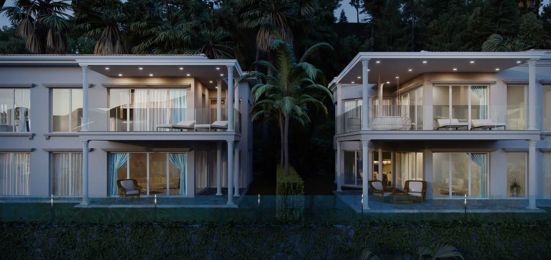 3D exterior rendering of villas in twilight