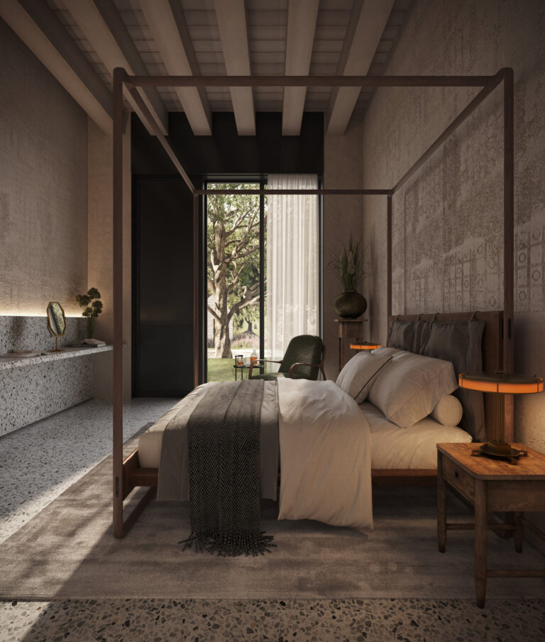 room in indoor light with king size bed