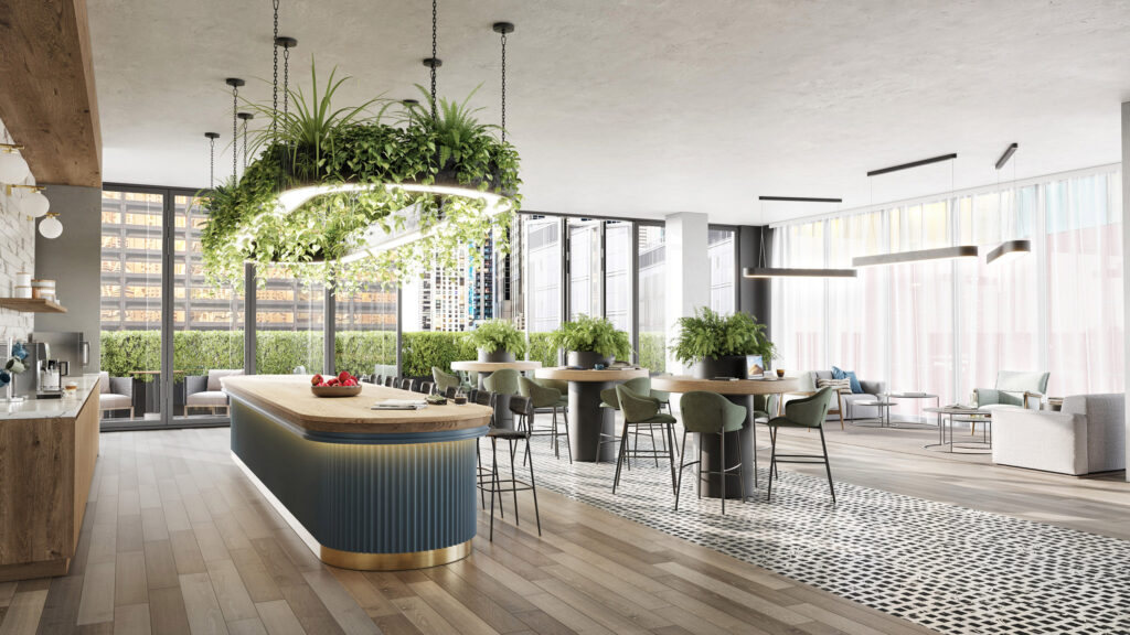 interior render of the co working place with greens