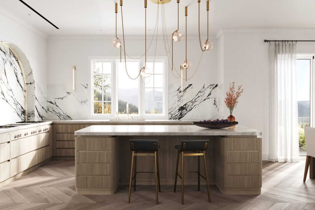 white and beige kitchen with golden details and view to the forest