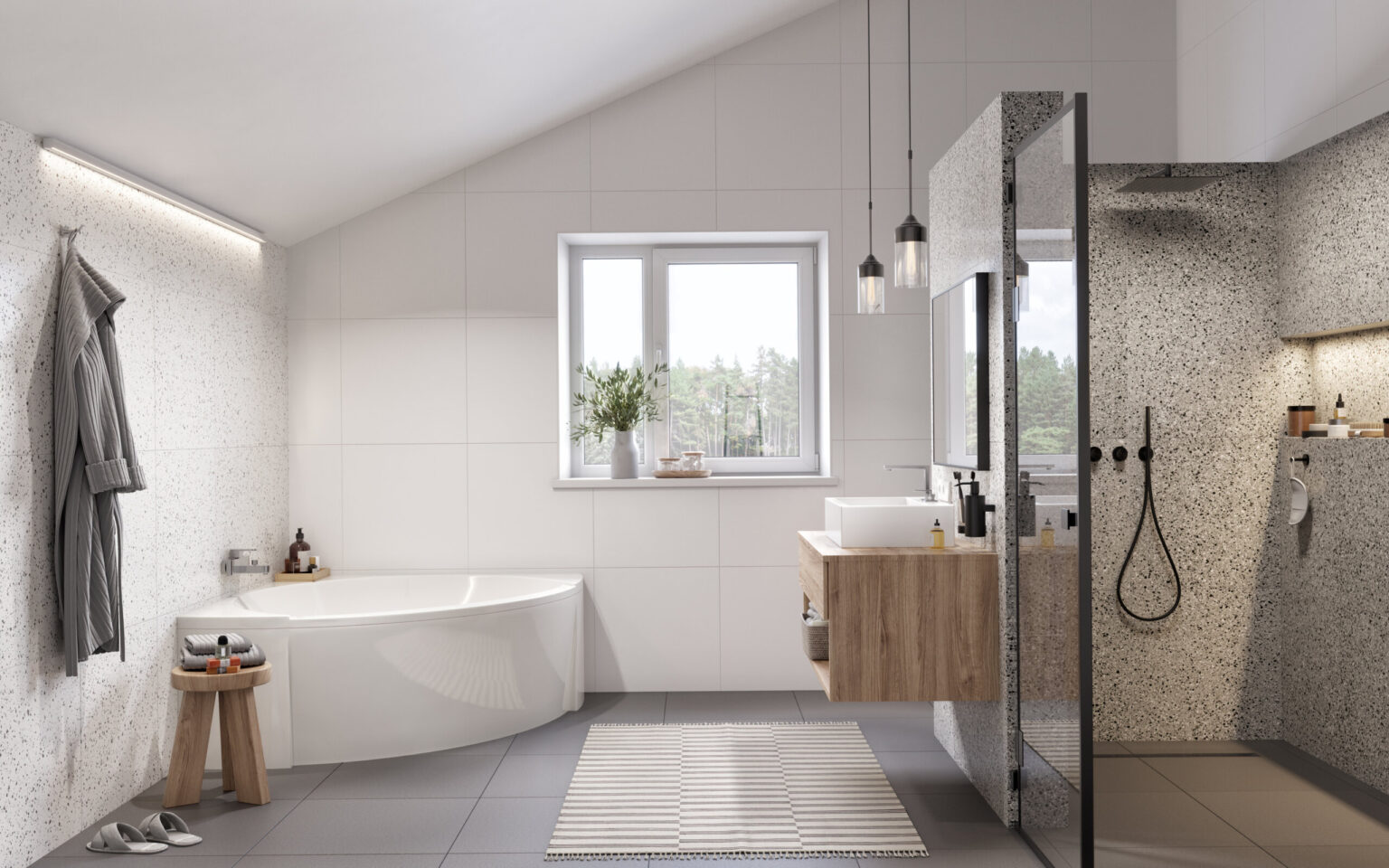 white bathroom rendering with indoor and outdoor light