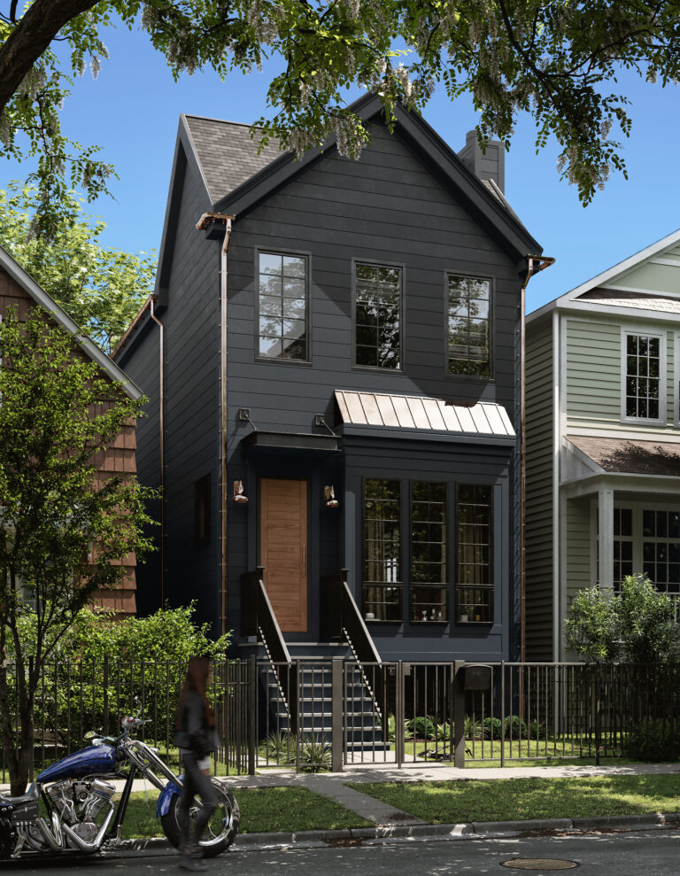 3D rendering building of black color building in sunlight