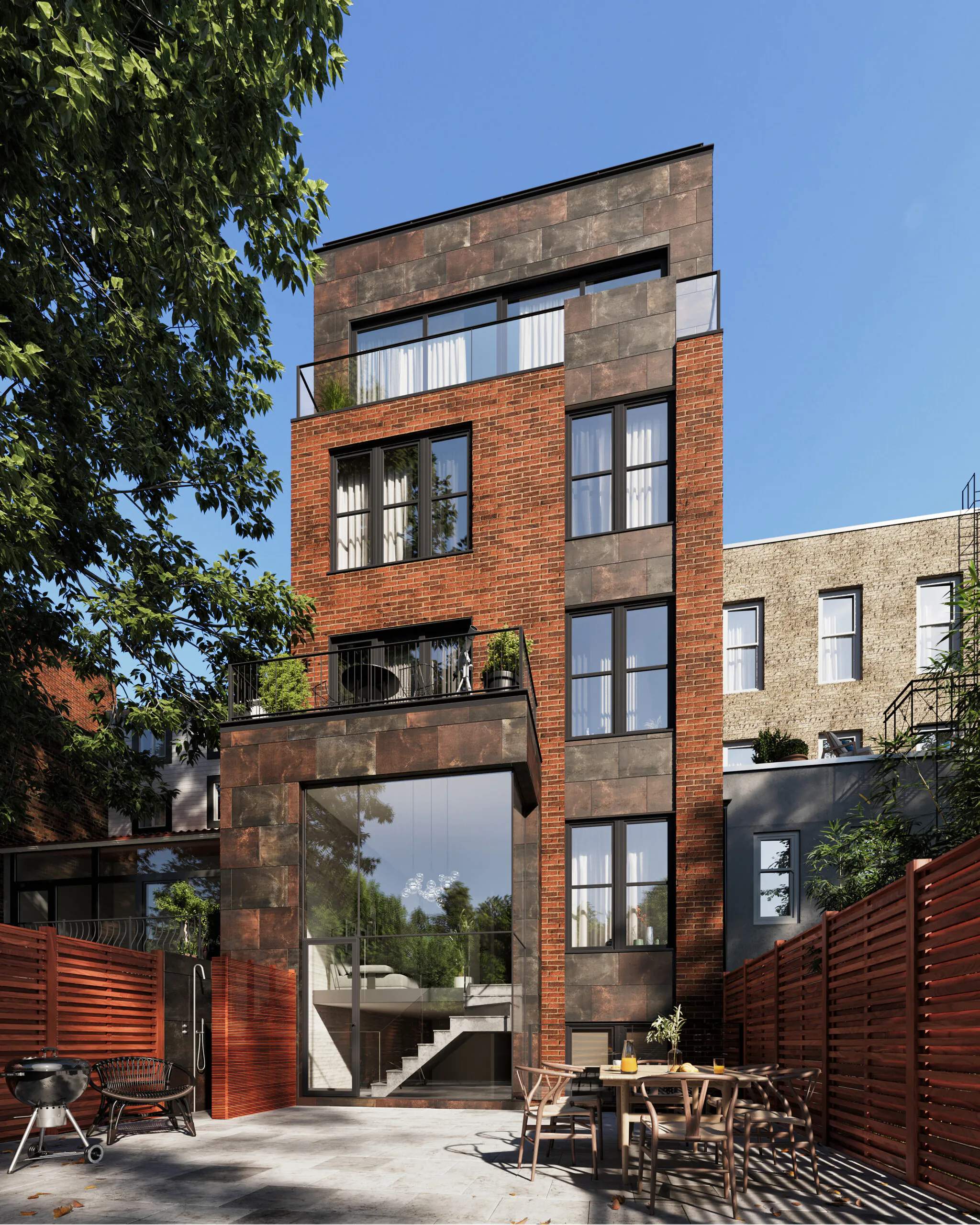 NY city building with big windows in daylight rendering with backyard