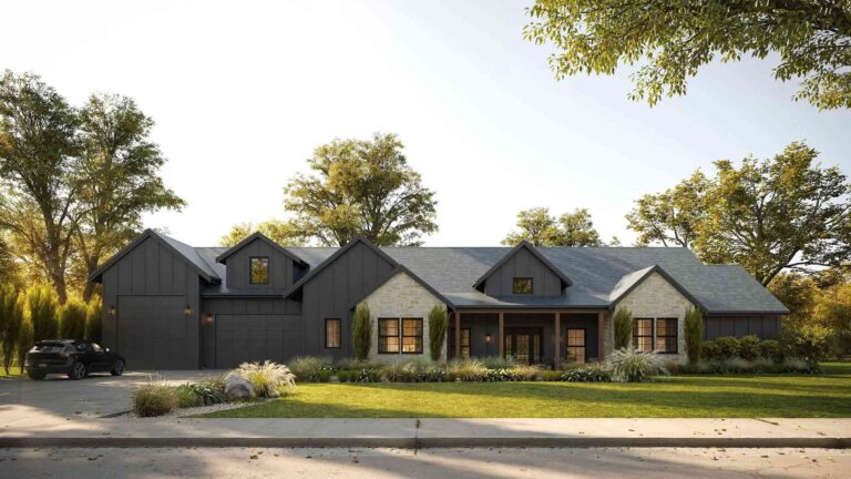 3D rendering of countryside house with trees and front yard