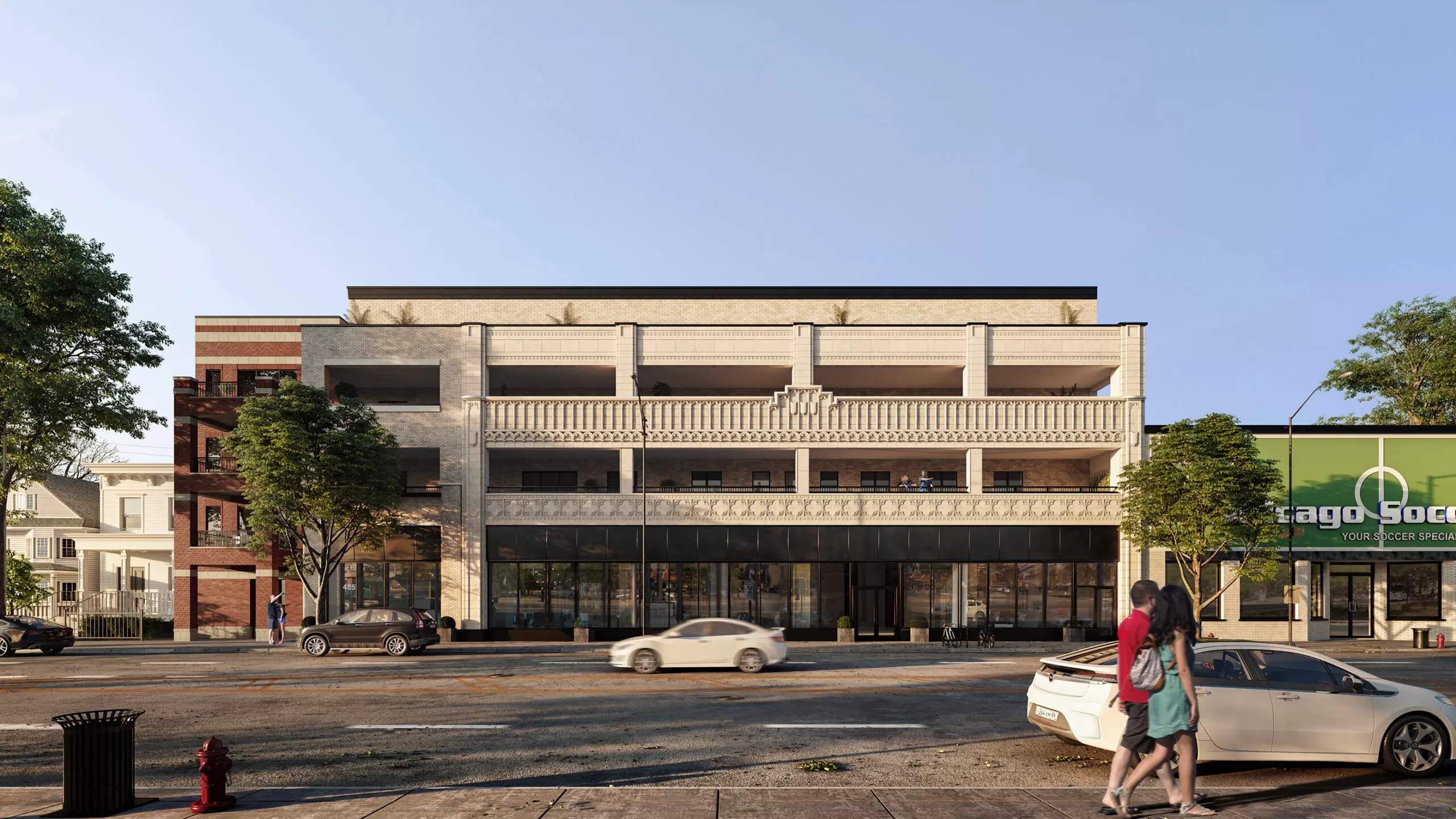 A 3D exterior render of a mixed-use building at Chicago