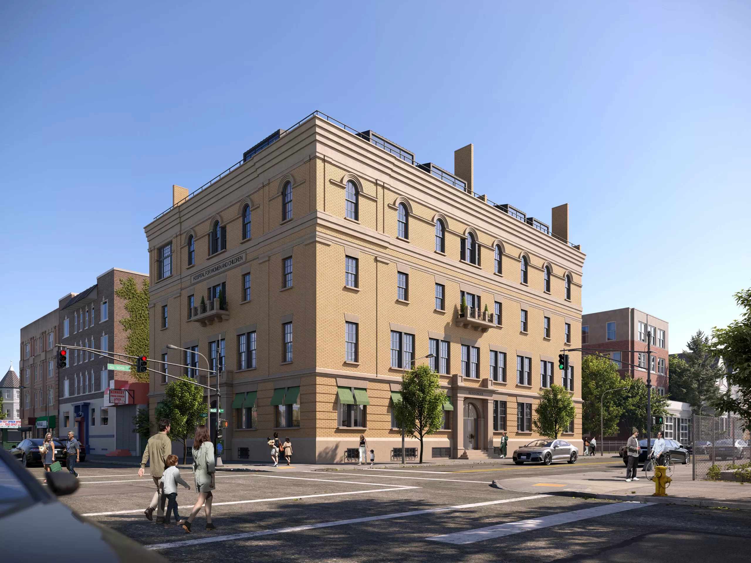 A 3D exterior render of Prospect Place and Central Avenue in Newark, New Jersey