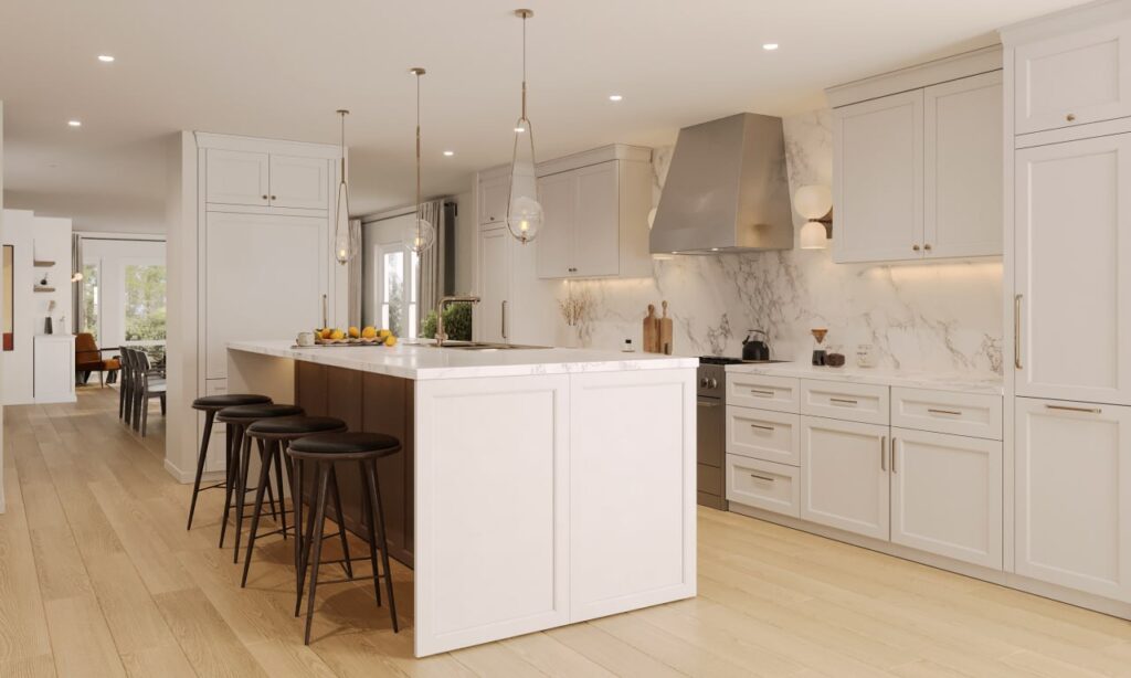 interior render of kitchen in white color