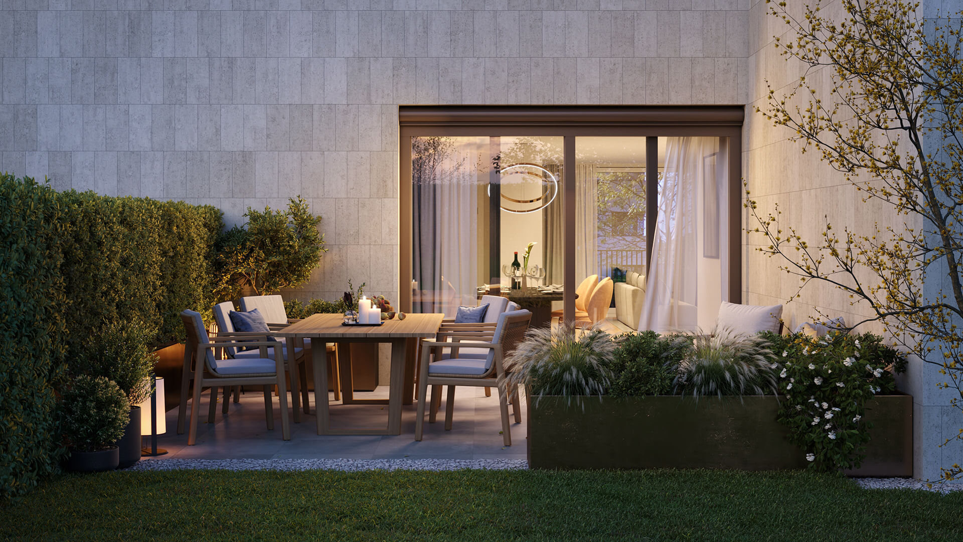 outdoor place with tables and chairs near the house with greens around