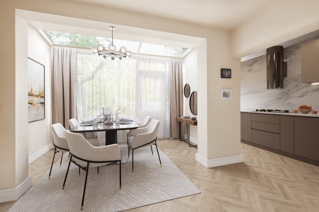 Home staging virtuel d’une cuisine dans des tons crème et bruns