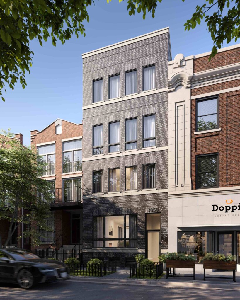 exterior render of a gray building in daylight with car and trees