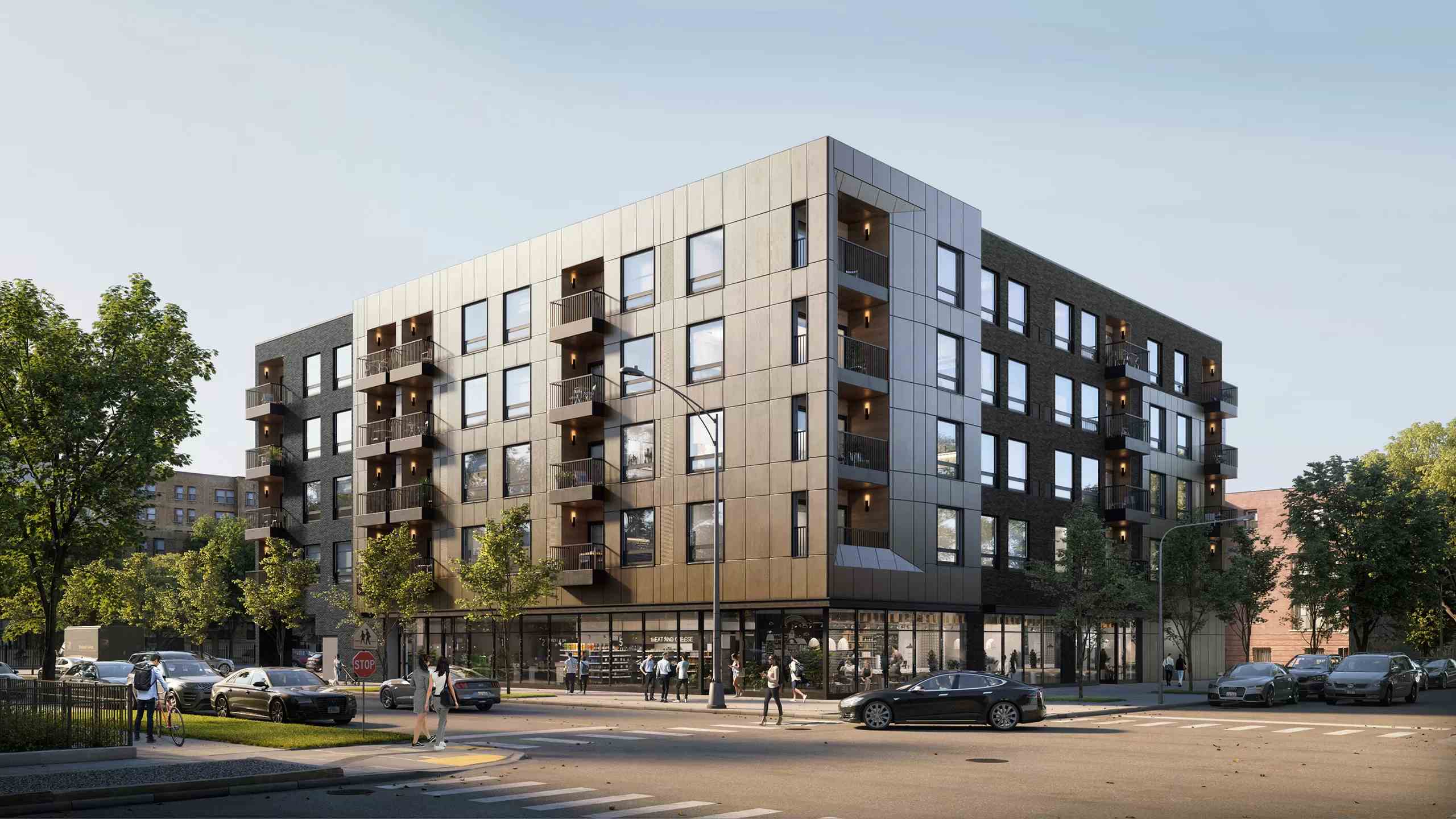 A 3D exterior render of apartment building in a grey color with people on the street