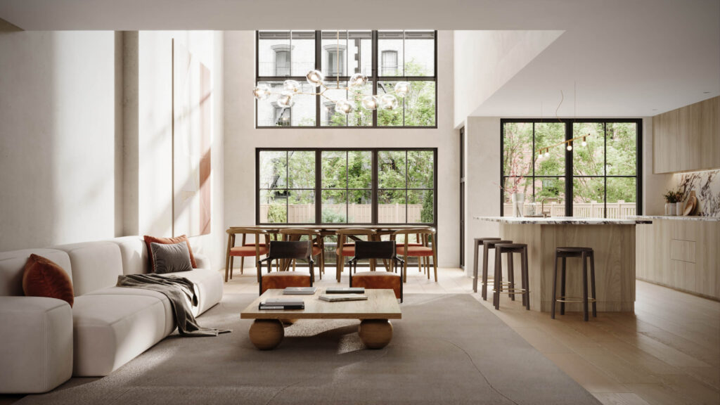 interior rendering of kitchen and living room in white color with large windows