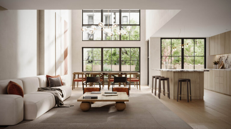 interior rendering of kitchen and living room in white color with large windows