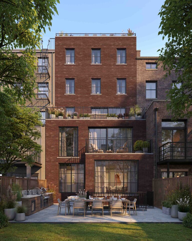 3d exterior rendering of yard and building brown bricks