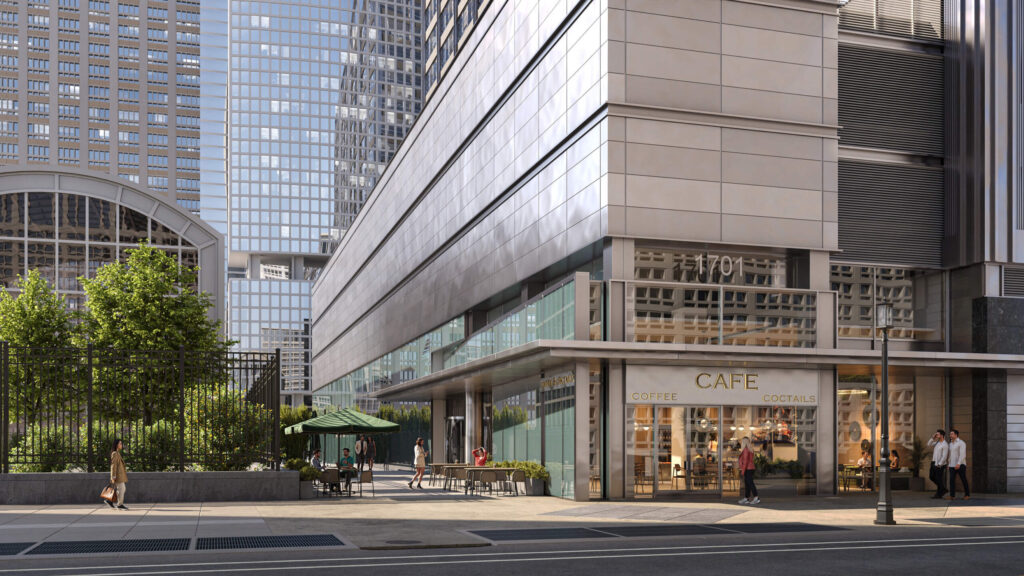 exterior render of NYC business center and cafe