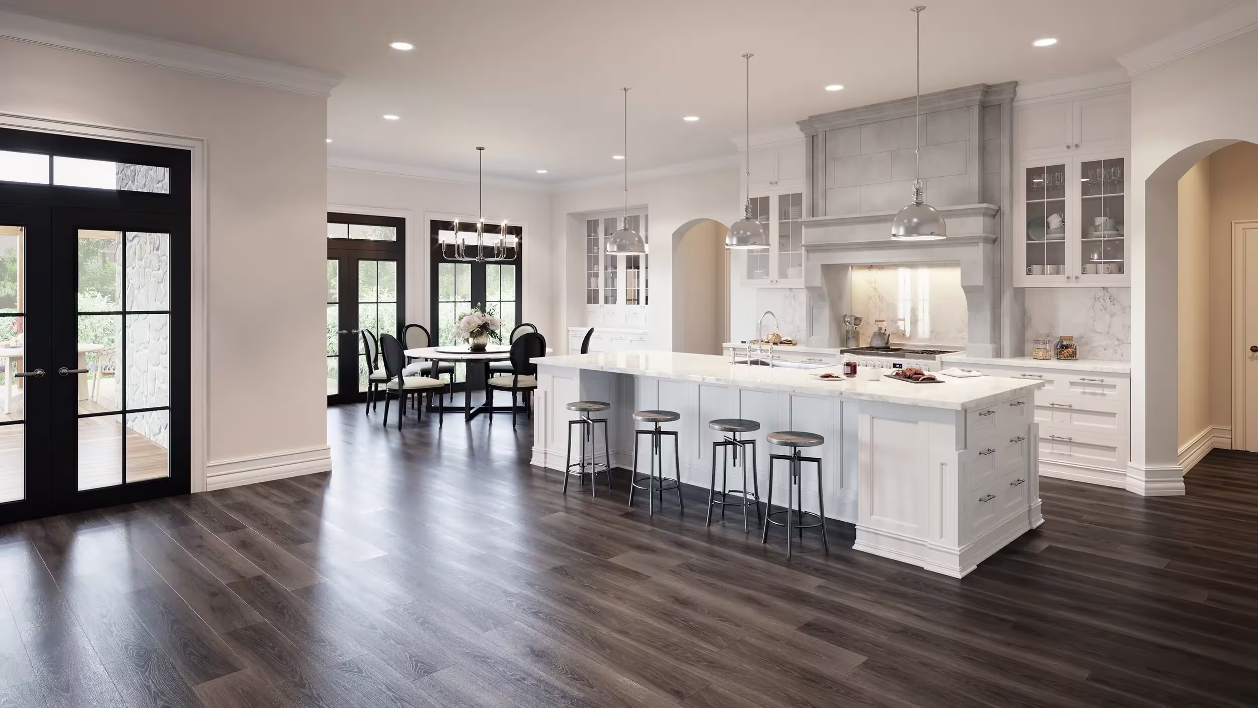 3d interior rendering of the kitchen in white and light colors