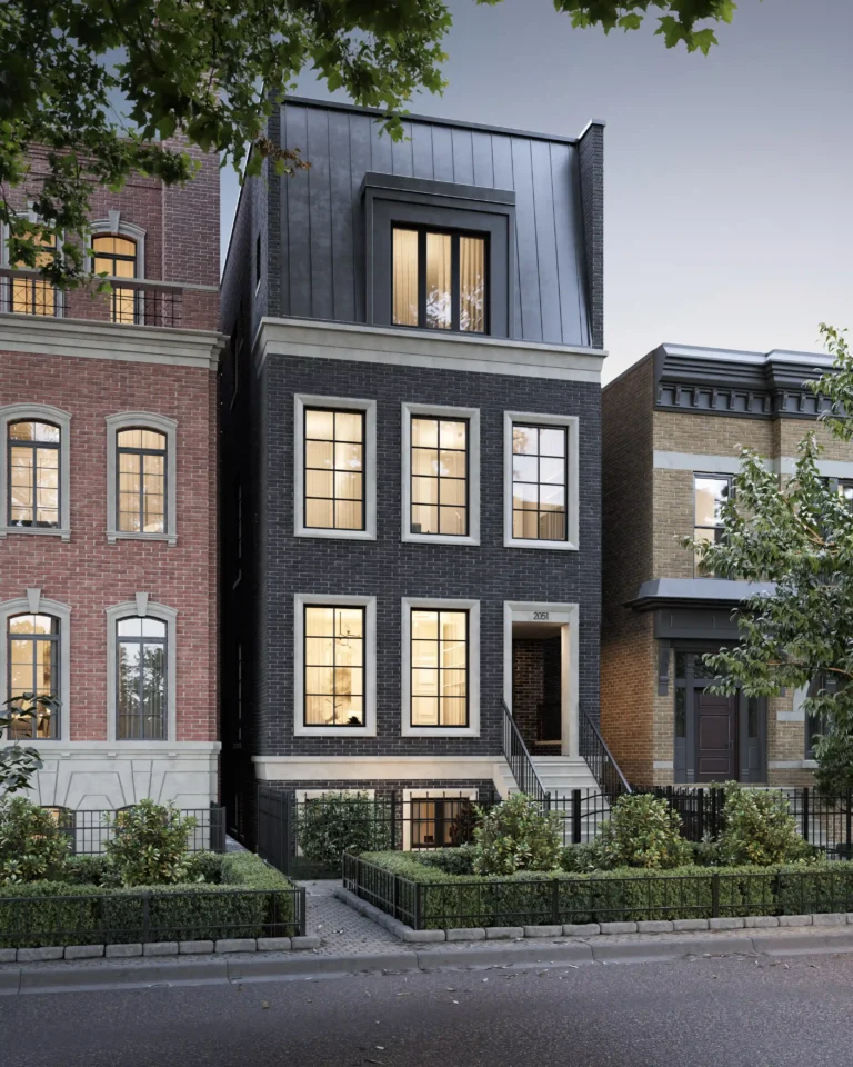 exterior rendering of a townhouse in dark color