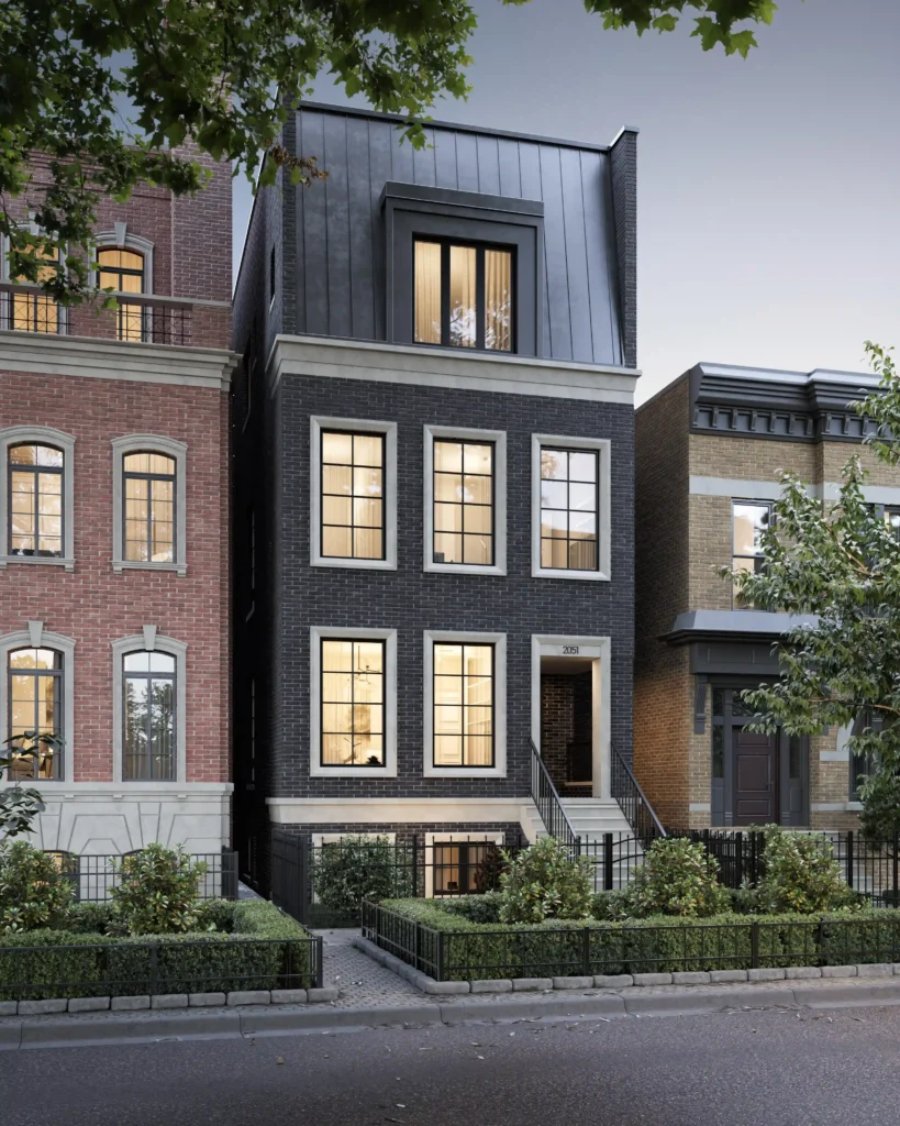 exterior rendering of a townhouse in dark color