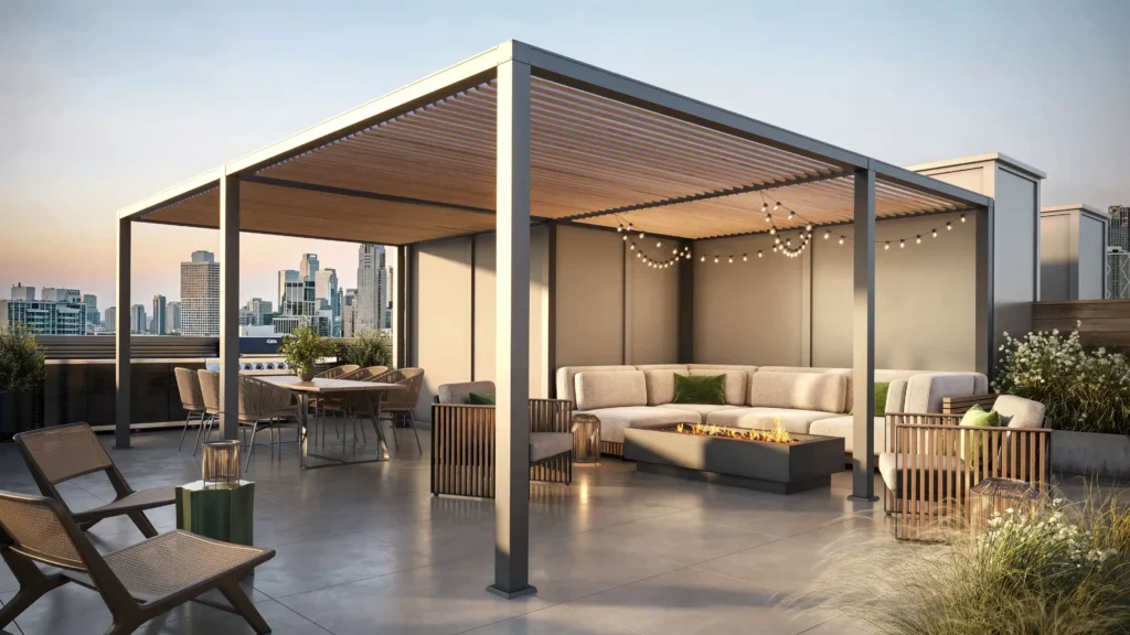 exterior visualization of the terrace in golden hour