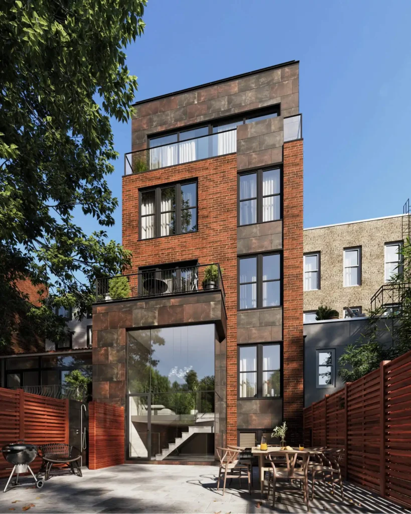 3D exterior visualization of house in NYC with large windows and terrace
