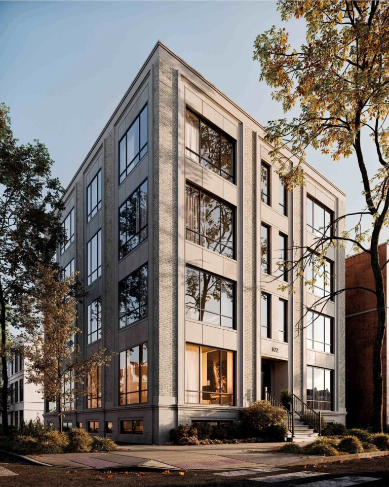 A 3D exterior render of the building in a golden hour